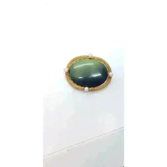 Vintage Brooch 10k Gold Plated Mesh Green Lucite Faux Pearl 1940s - Picture 8 of 10